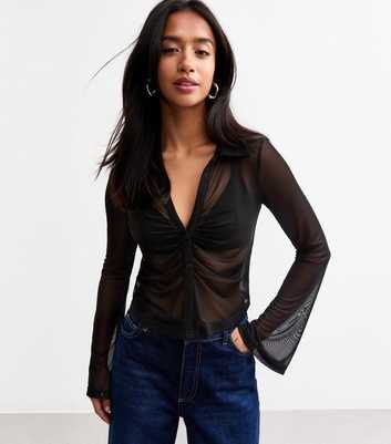 Petite Black Bell Sleeve Mesh Shirt