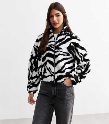 Black Zebra Print Borg Zip Up Jacket