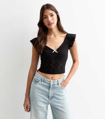 Black Floral Embroidered Bow Trim Top