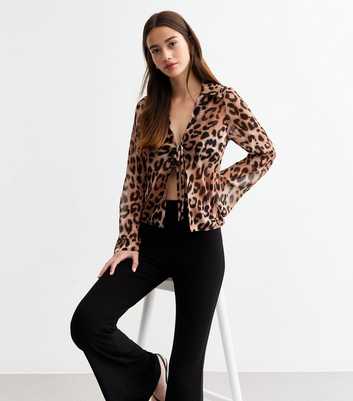 Brown Leopard Print Tie Front Chiffon Shirt