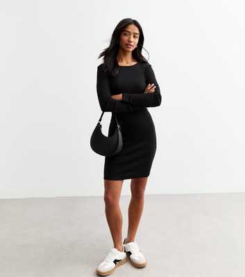 Petite Black Long Sleeve Ribbed Jersey Mini Dress