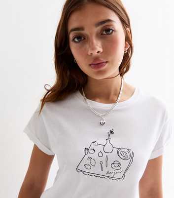 Girls White Food Print Cotton T-Shirt