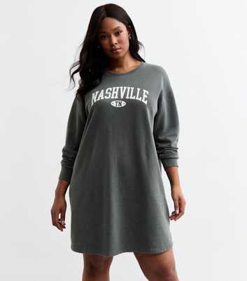 Curves Grey Nashville Print Jersey T Shirt Dress