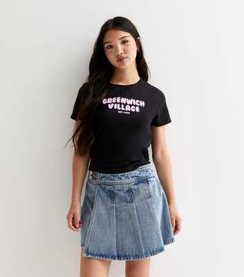 Girls Black Cotton Greenwich Village Slogan Mini T-Shirt