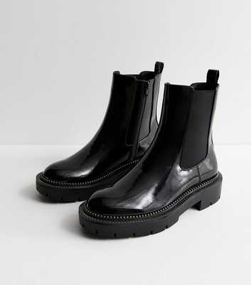 Black Chain Trim Patent Chelsea Boots