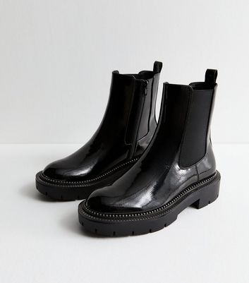 Black Chain Trim Patent Chelsea Boots New Look