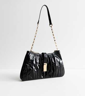 Black Pleated Faux Leather Shoulder Bag