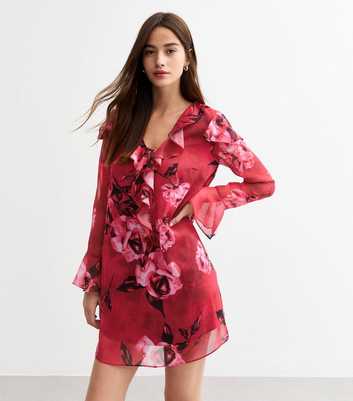 Red Rose Print Ruffle Trim Long Sleeve Mini Dress