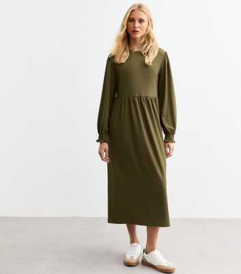 Khaki Crinkled Long Sleeve Midi Smock Dress