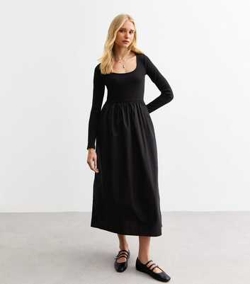 Black Cotton Poplin Mix Long Sleeve Midi Dress