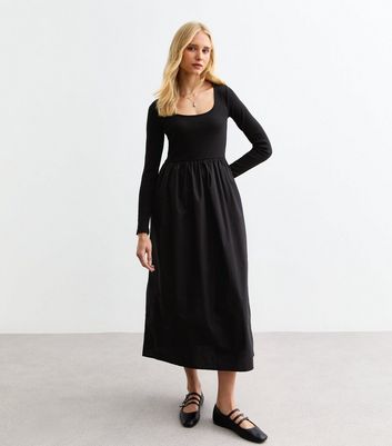 Black Cotton Poplin Mix Long Sleeve Midi Dress New Look