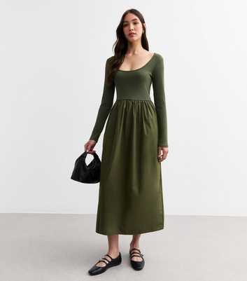 Khaki Cotton Poplin Mix Long Sleeve Midi Dress