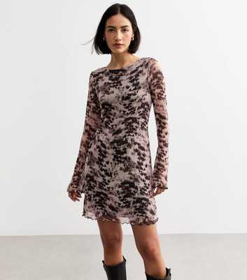 Brown Blur Animal Print Mesh Long Sleeve Mini Dress