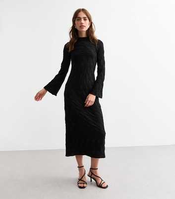 Black Textured Long Sleeve Midaxi Dress