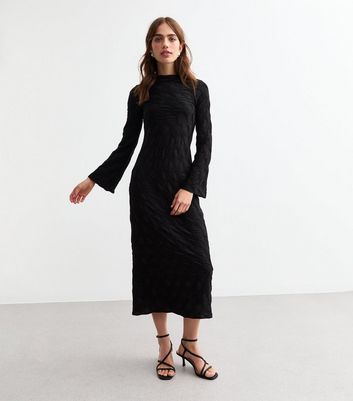 Black Textured Long Sleeve Midaxi Dress New Look