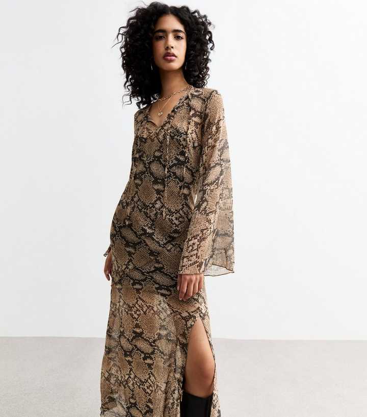 long sleeve snake print midi dress Womens Dresses Snake Print Dress New Look Brown Snakeskin Print Chiffon Midi  Dress