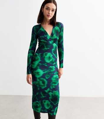 Green Floral Plissé  Pleat Long Sleeve Dress