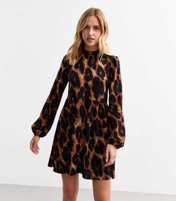 Brown Crinkled Leopard Print Mini Dress