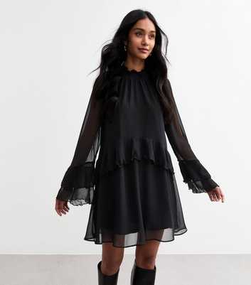 Black Ruffled Chiffon Mini Dress