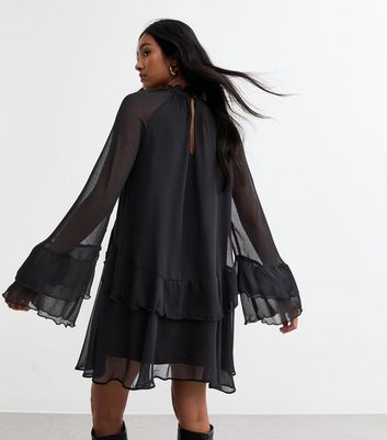 Black Ruffled Chiffon Mini Dress New Look