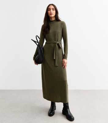 Khaki Soft Touch Slit Hem Roll Neck Midi Dress