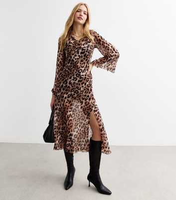 Brown Leopard Print Chiffon Midi Dress