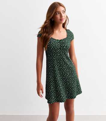 Girls Green Floral Print Textured Ruched Dress