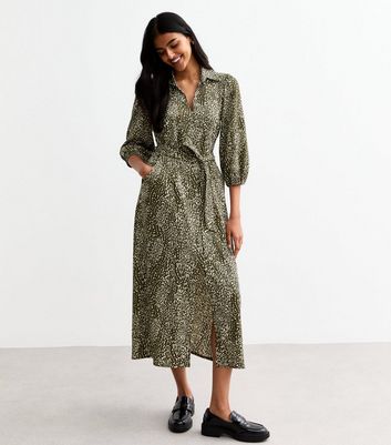 Green Patterned Crinkle Shirt Midi Dress New Look