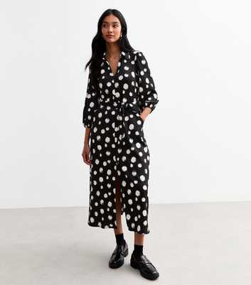 Black Polka Dot Crinkle Midi Shirt Dress