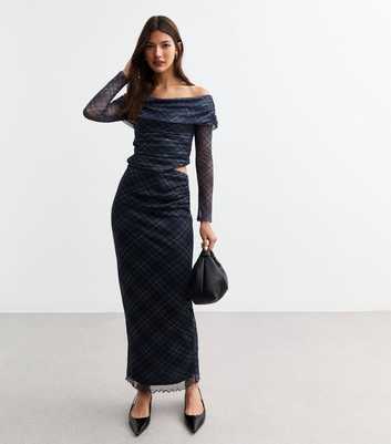 Blue Check Mesh Midi Skirt