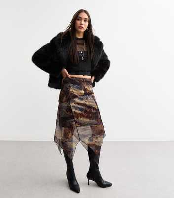 Brown Marble Print Mesh Midi Skirt