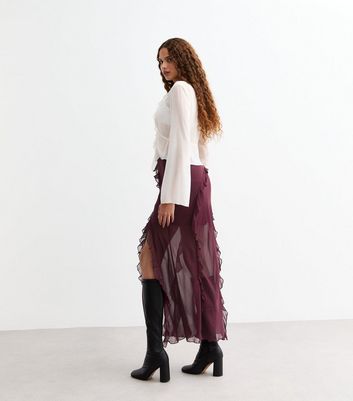 Burgundy Sheer Chiffon Ruffle Trim Maxi Skirt New Look