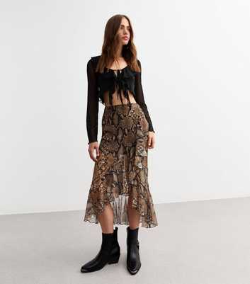 Brown Chiffon Snake Print Ruffle Trim Midi Skirt