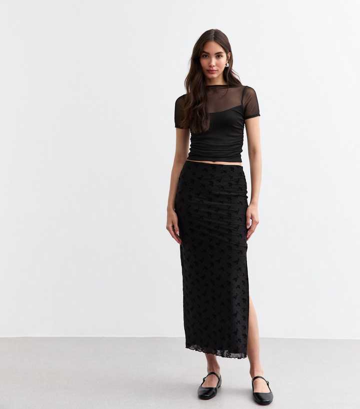 Black Floral Flocked Mesh Midi Skirt