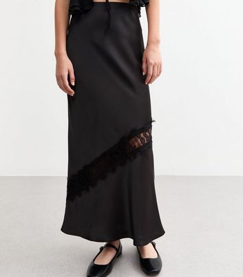 Black Satin Lace Insert Midi Skirt New Look