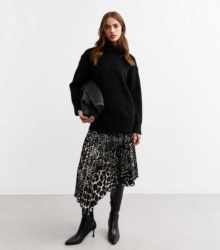 Black Abstract Print Pleated Midi Skirt