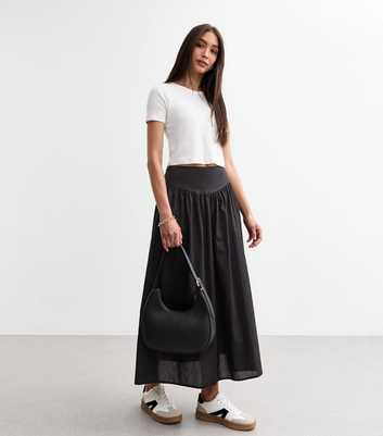 Black Gathered Waist Midi Skirt