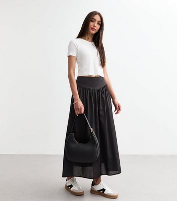 Black Gathered Waist Midi Skirt New Look