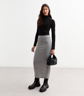 Grey Marled Stretch Rib Midi Skirt New Look