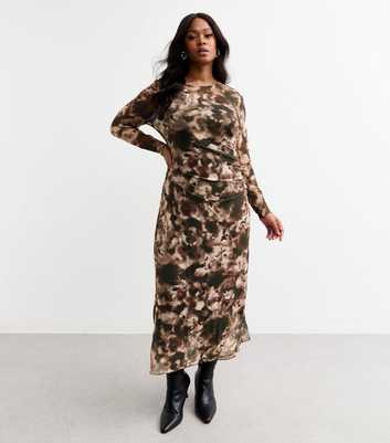 Curves Brown Ink Print Mesh Midi Dress