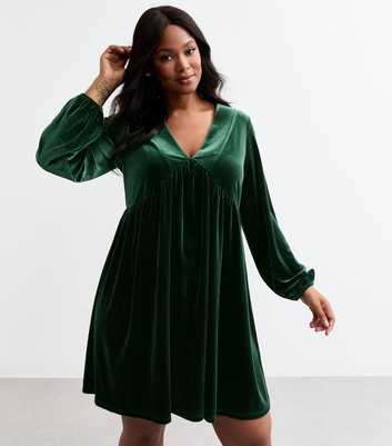 Curves Dark Green V-Neck Velvet Mini Dress