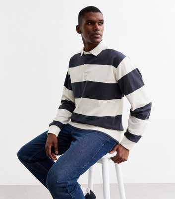 Blue Relaxed Rugby Stripe Cotton Blend Long Sleeve Top