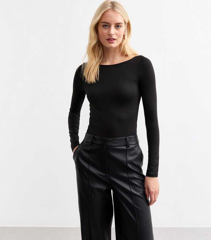 Tall Black Slash Neck Long Sleeve Slinky Bodysuit