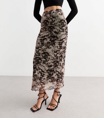 Pink Flower Graphic Print Mesh Midi Skirt