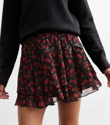 Black Rose Print Bow Trim Mini Skirt 