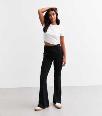 Petite Black Ribbed Folded Waist Flared Trousers