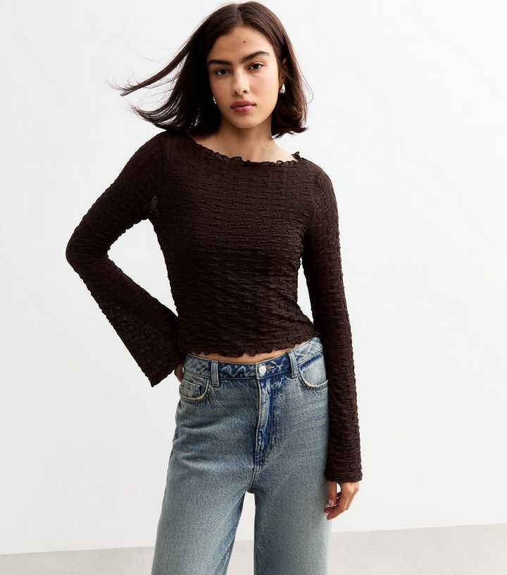 Brown Textured Flared Sleeve Top