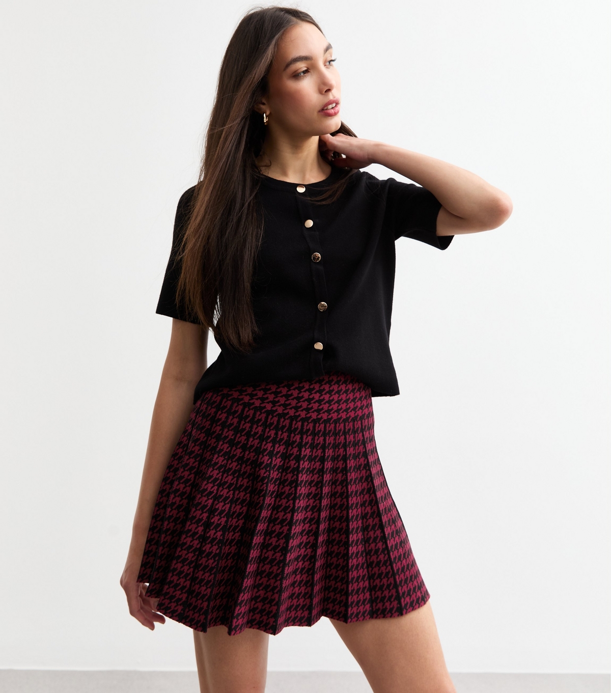 Women's Red Woven Dogtooth Pleated Mini Skirt New Look