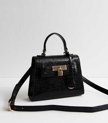 Black Crocodile Effect Faux Leather Crossbody Bag