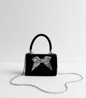 Black Diamantè Bow Velvet Top Handle Bag